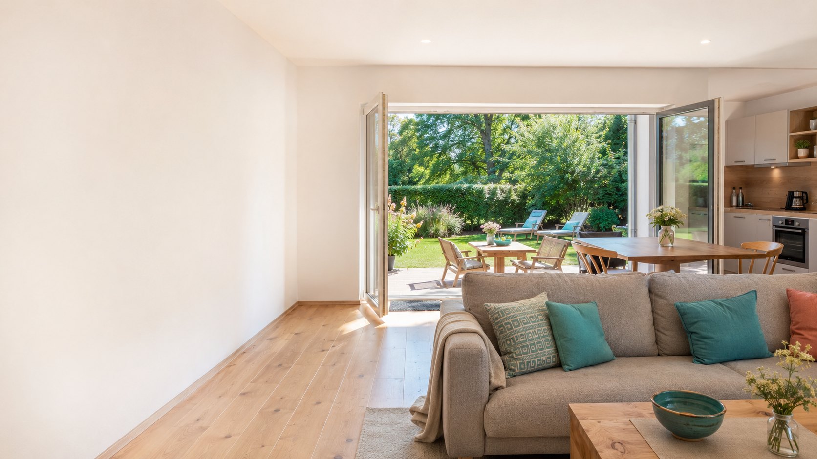 Heller, offener Wohn- und Essbereich der Ferienwohnung mit Sofa im Vordergrund; durch geöffnete Terrassentüren Blick auf Terrasse, Gartenmöbel und Grün